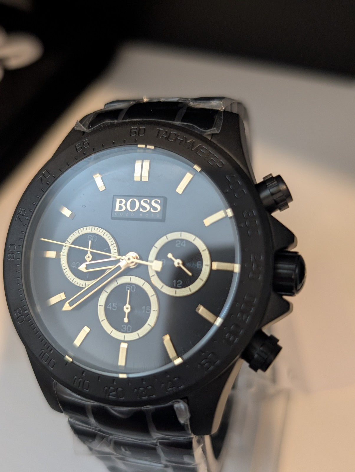HUGO BOSS 1513278 Ikon Chronograph Black Dial Steel Strap Mens Watch 44mm NEW 