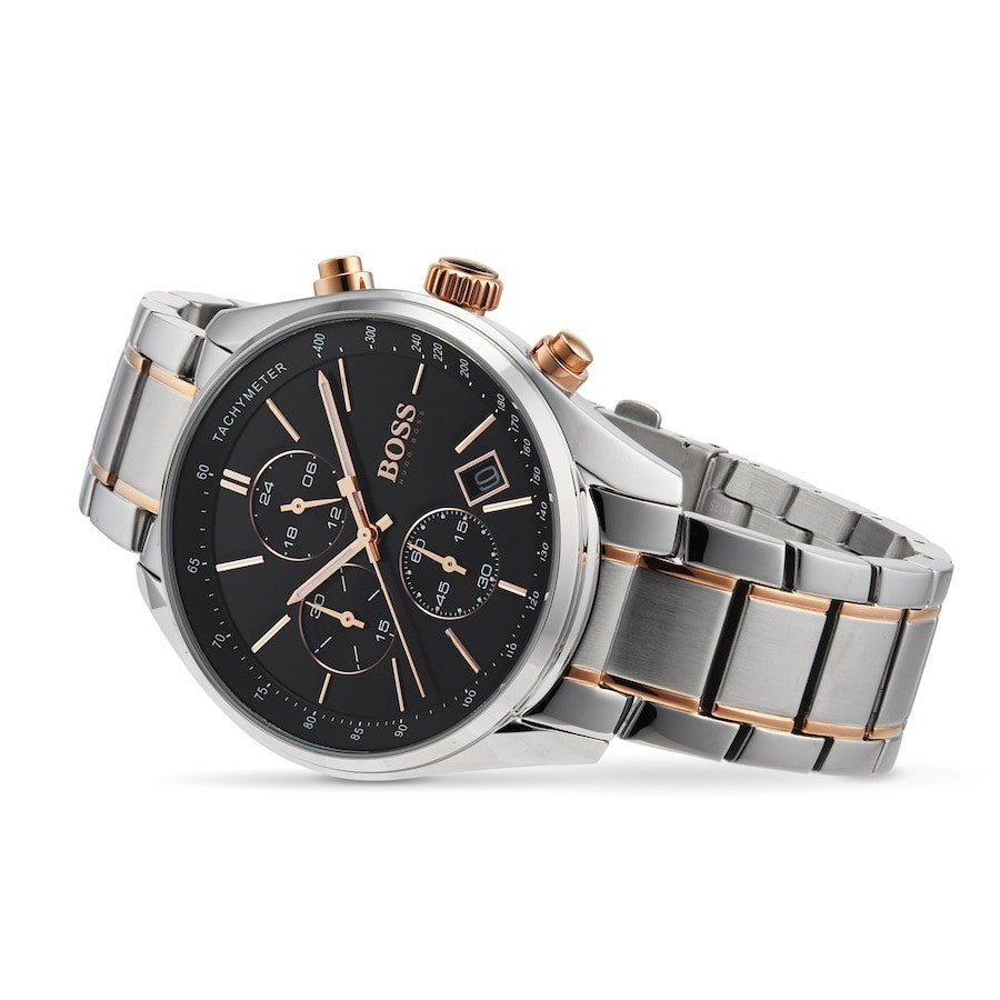 Genuine HUGO BOSS HB1513473 Grand Prix Silver Rose Gold Chrono Mens Wrist Watch