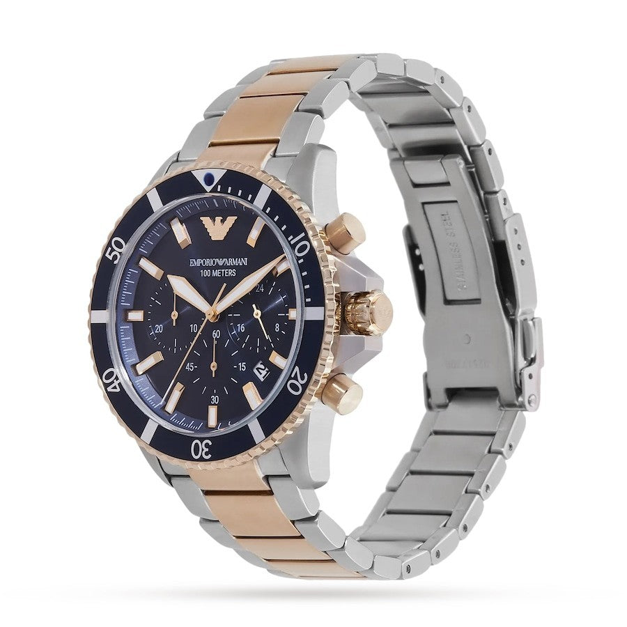 New EMPORIO ARMANI AR11362 Steel Blue Dial 2 Tone Bracelet Luxury Mens Watch