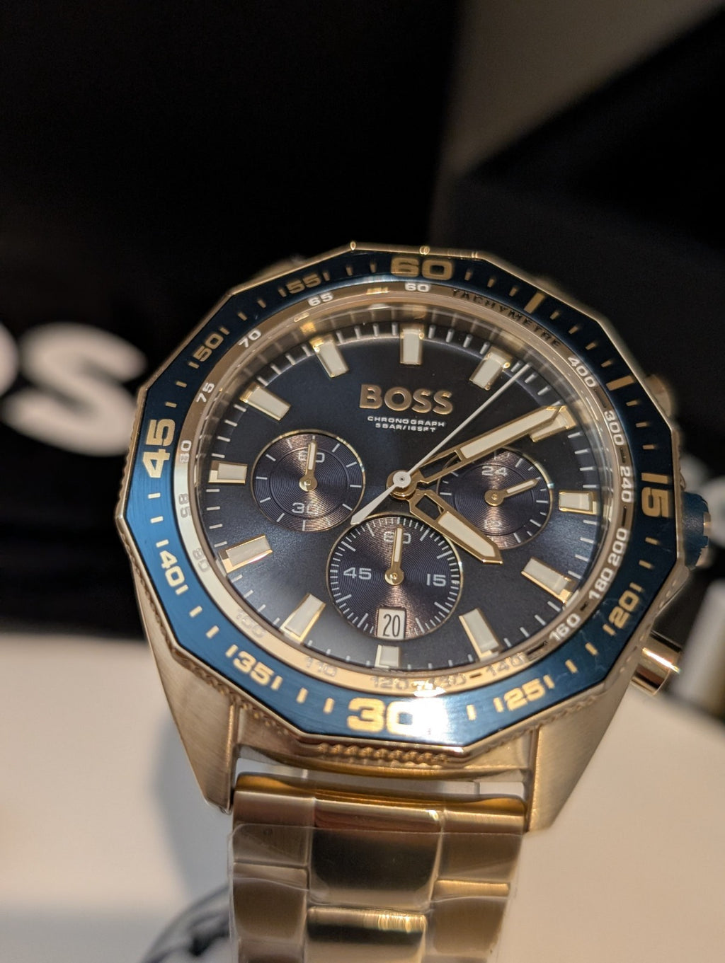 HUGO BOSS 1513973 Energy Chrono Gold Stainless Steel Blue Dial Mens Watch 44mm