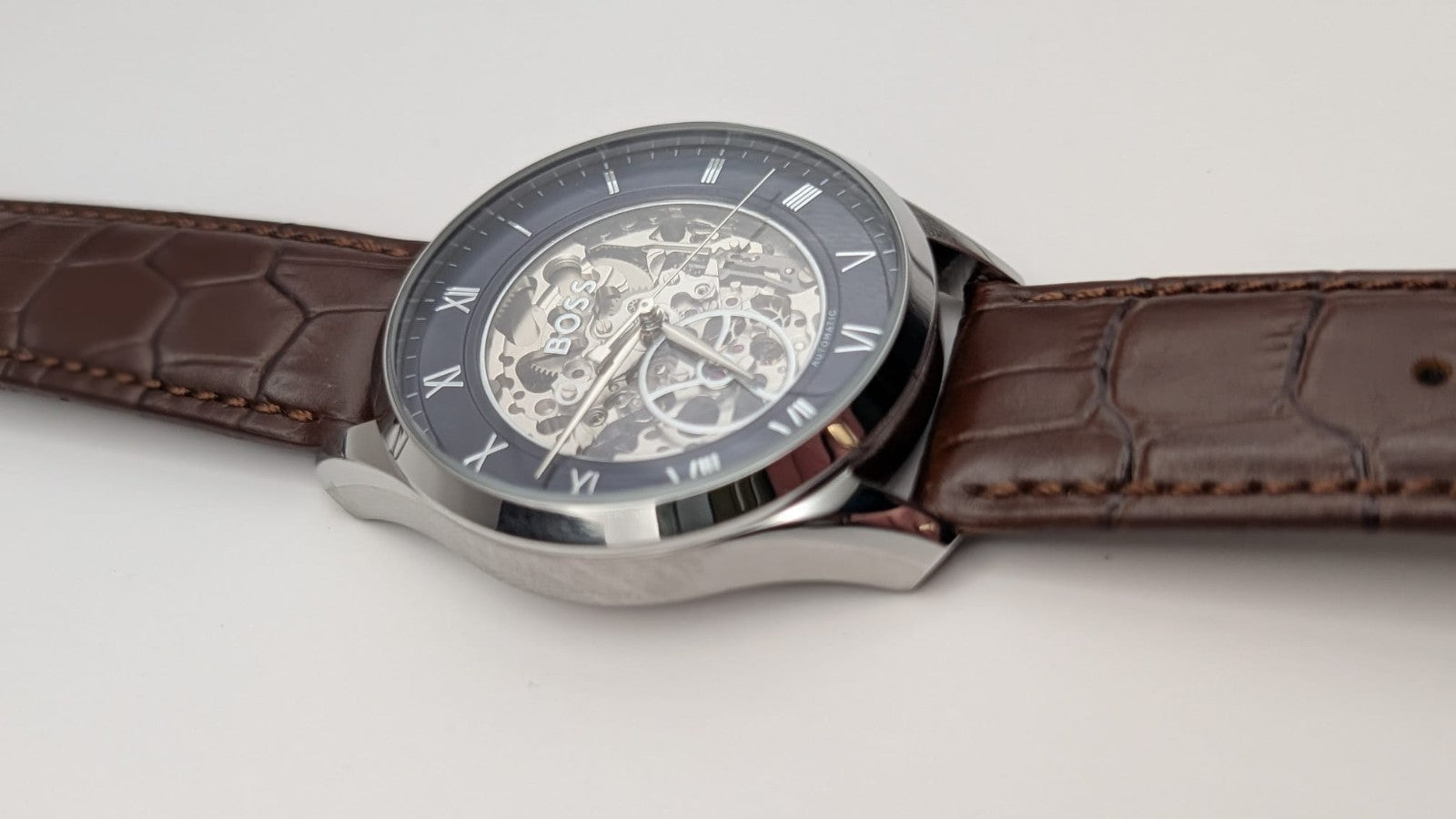 Hugo BOSS 1514305 Principle Mens Watch Automatic Skeleton Brown Leather Strap 