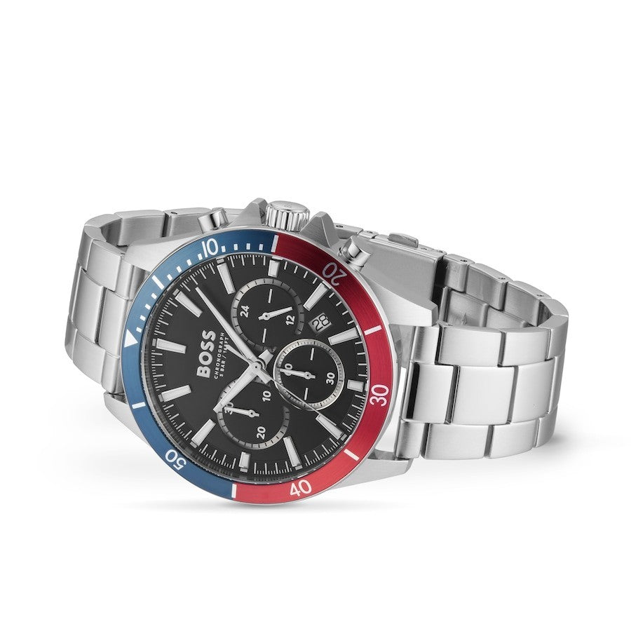 HUGO BOSS MENS TROPER CHRONO WATCH HB1514108 BLACK DIAL - RED/BLUE  BEZEL 
