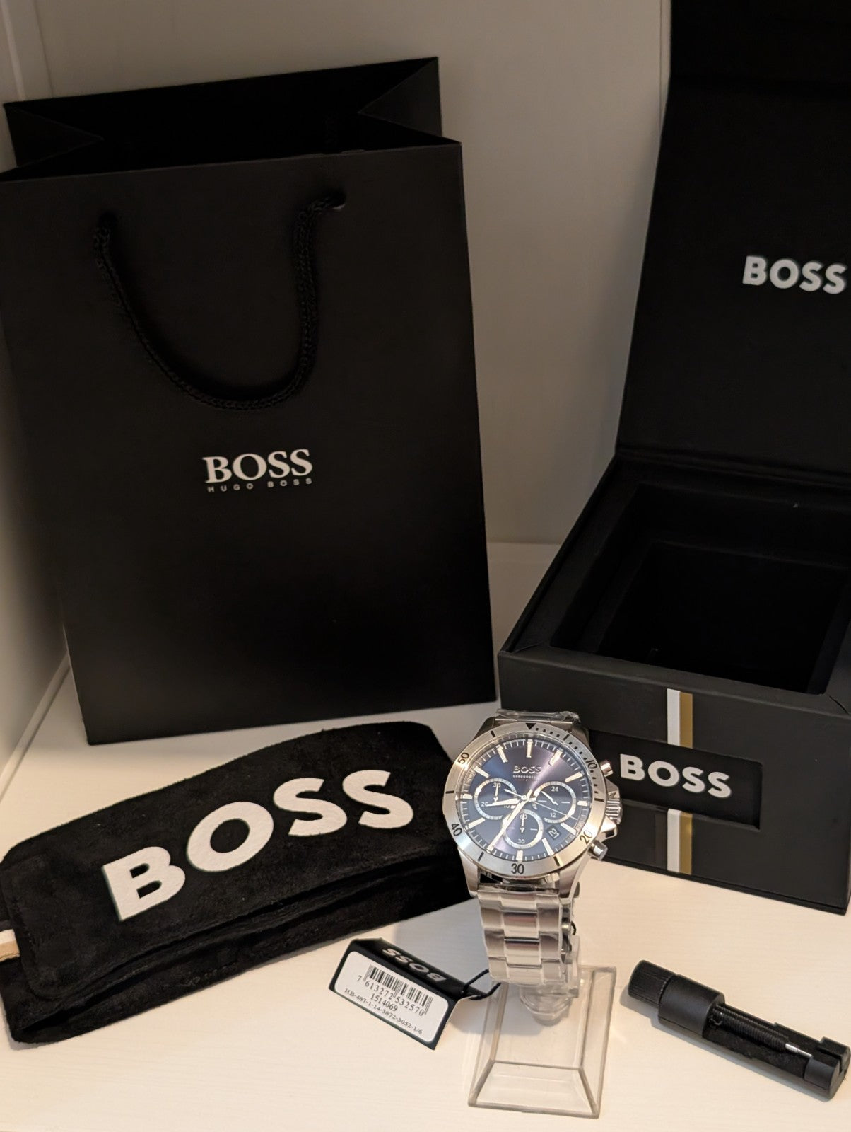 HUGO BOSS Troper 1514069 Blue Dial Silver Steel Strap Chrono Mens Watch 45mm NEW
