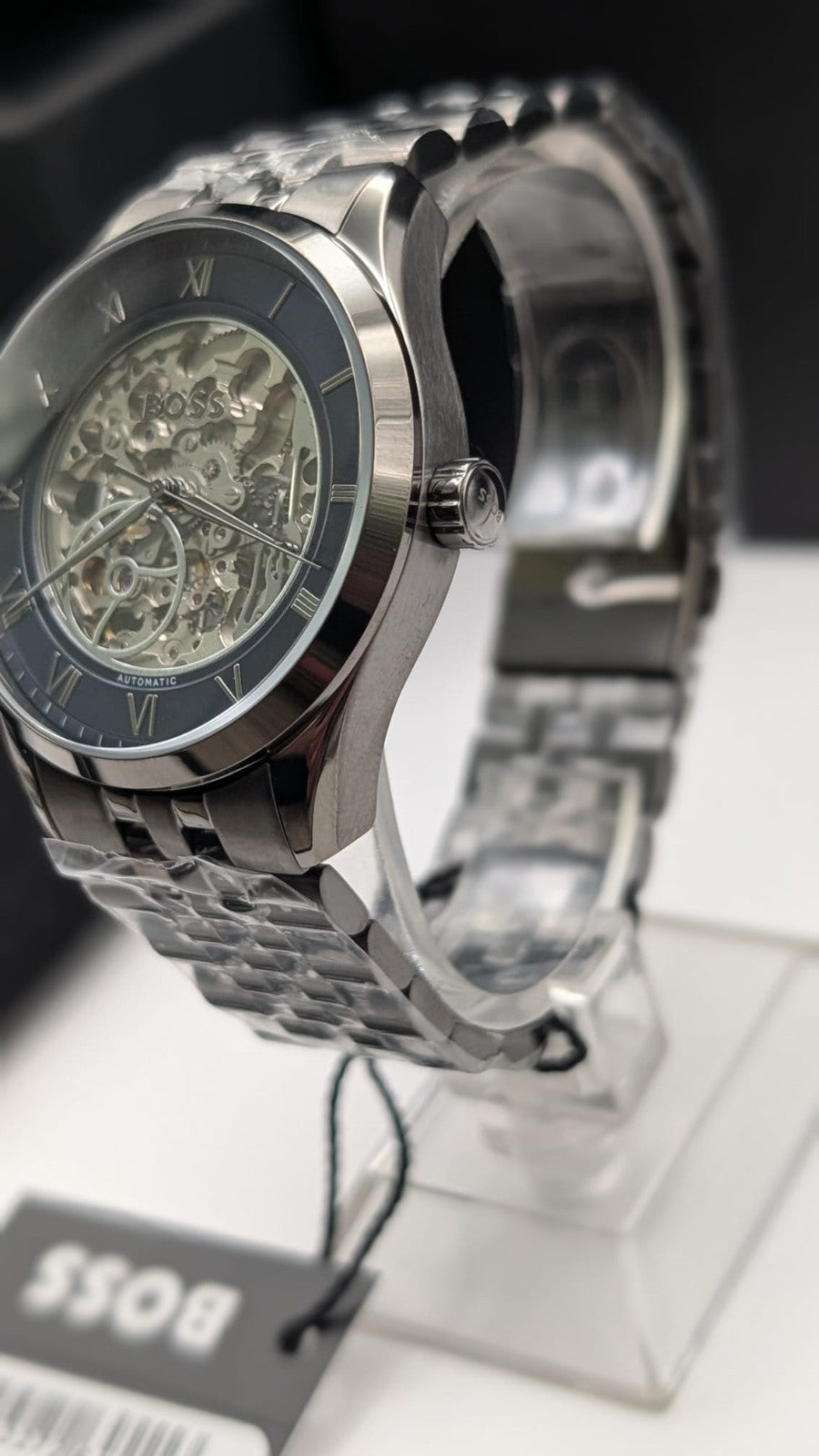 Hugo Boss Principle 1514254 Automatic Skeleton Mens Watch Gunmetal With Blue Dia
