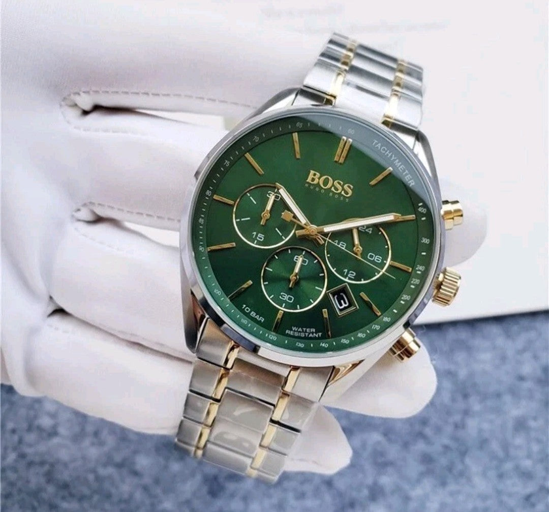 NEW GENUINE BOSS CHAMPION HB1513878 SILVER GOLD & GREEN TONE MEN'S WATCH UK