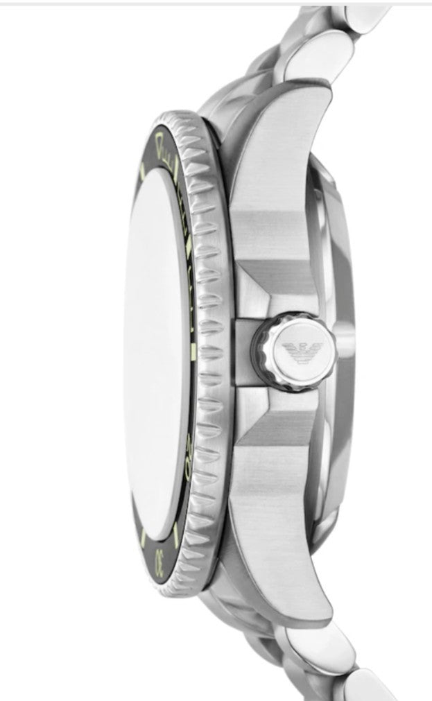 Emporio Armani AR60083 Mens Sea Explorer Automatic Watch Silver Wit Yellow Dial 