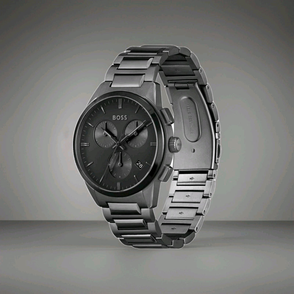 HUGO BOSS Dapper HB1513929 Grey Steel Strap Black Dial Chronograph Mens Watch UK