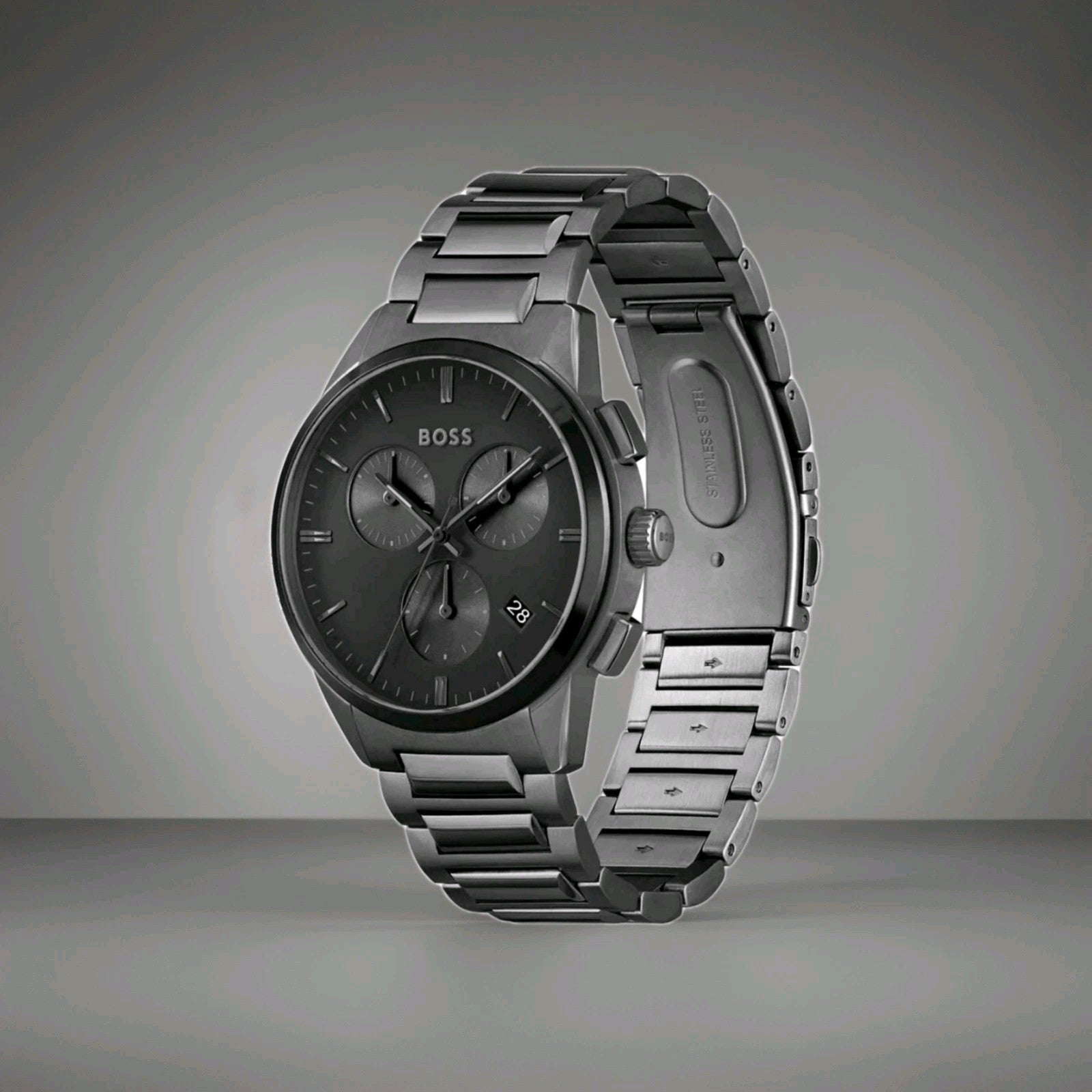 HUGO BOSS Dapper HB1513929 Grey Steel Strap Black Dial Chronograph Mens Watch UK