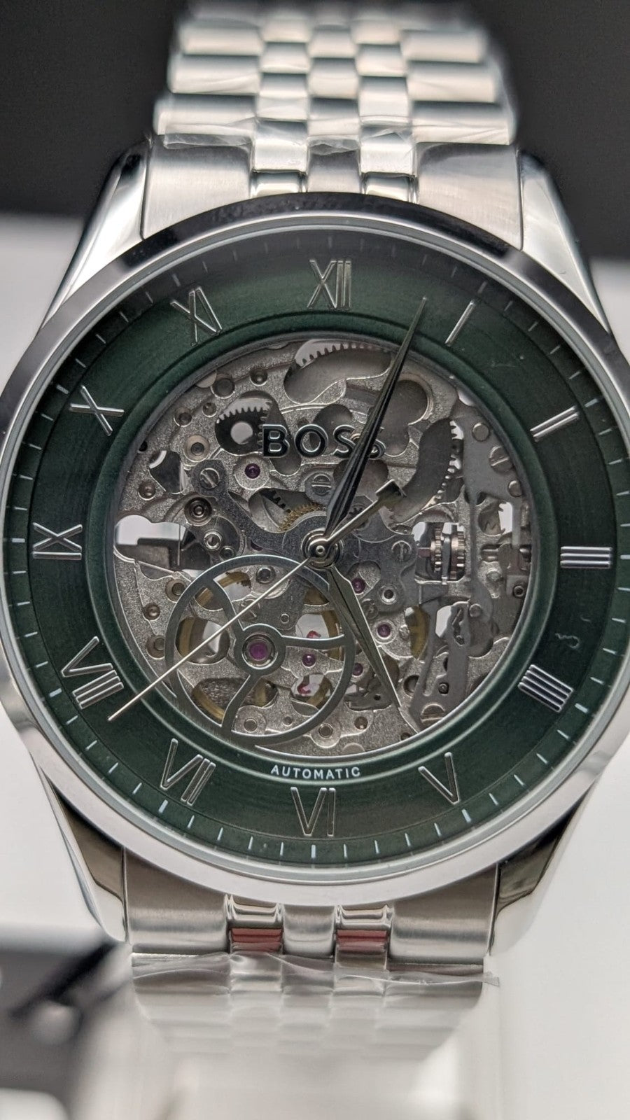 Hugo BOSS Principle 1514236 Skeleton Mens Watch Automatic 41mm Silver Green Dial