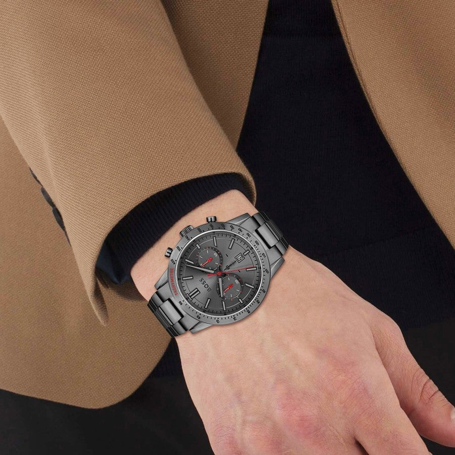 New HUGO BOSS HB1513924 ALLURE Chronograph Grey Dial Gunmetal Fashion Men Watch
