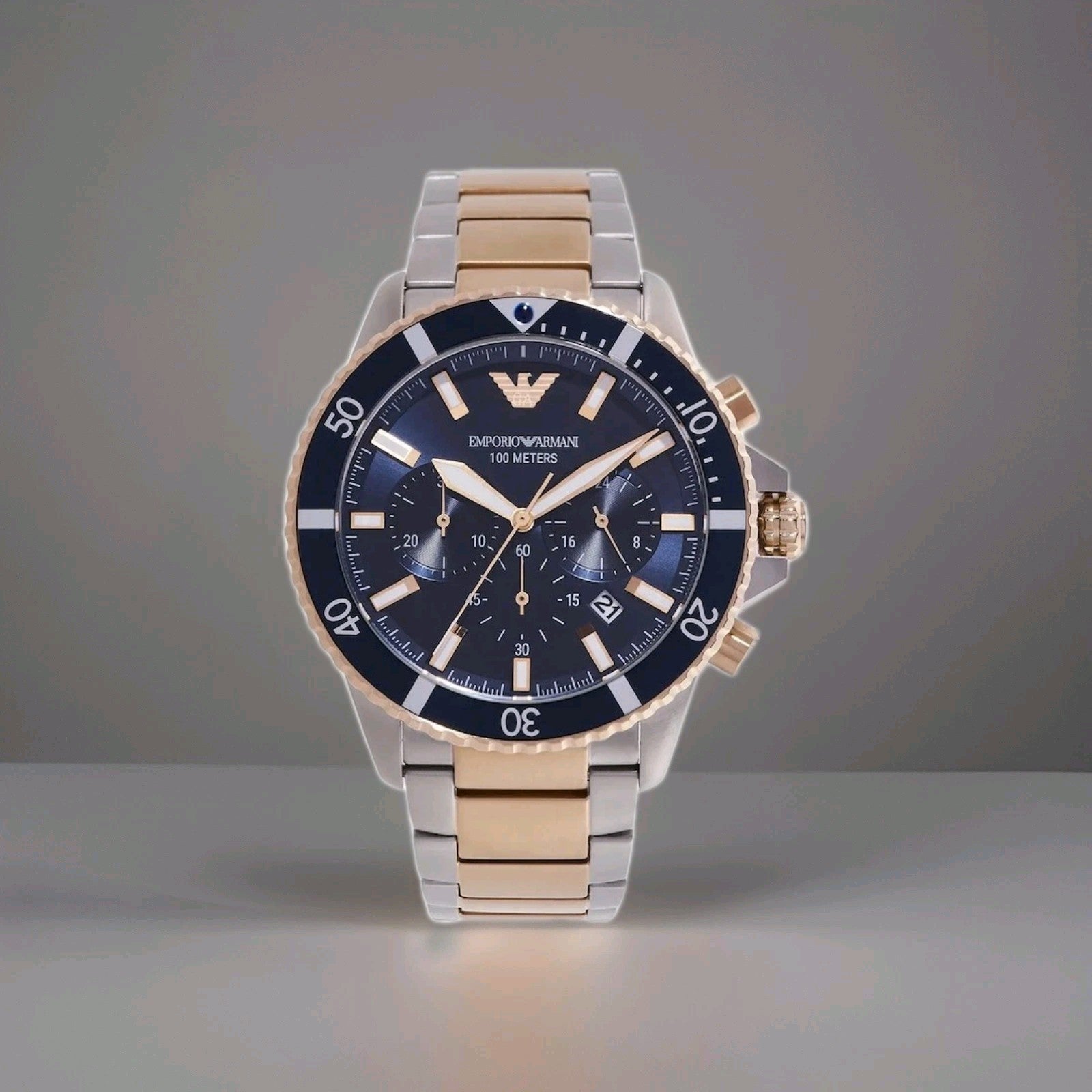 New EMPORIO ARMANI AR11362 Steel Blue Dial 2 Tone Bracelet Luxury Mens Watch