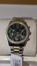 Michael Kors MK7303 Women’s Chronograph Two Tone Crystal Bezel Watch Green Face 
