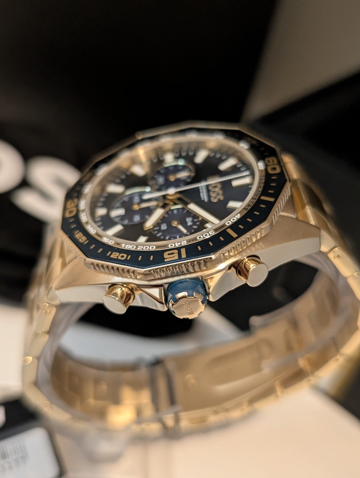 HUGO BOSS 1513973 Energy Chrono Gold Stainless Steel Blue Dial Mens Watch 44mm