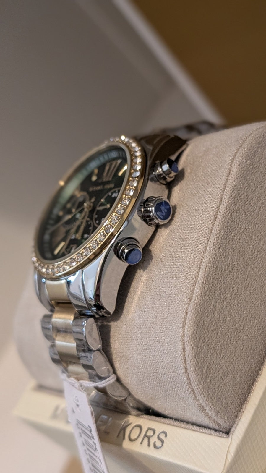 Michael Kors MK7303 Women’s Chronograph Two Tone Crystal Bezel Watch Green Face 