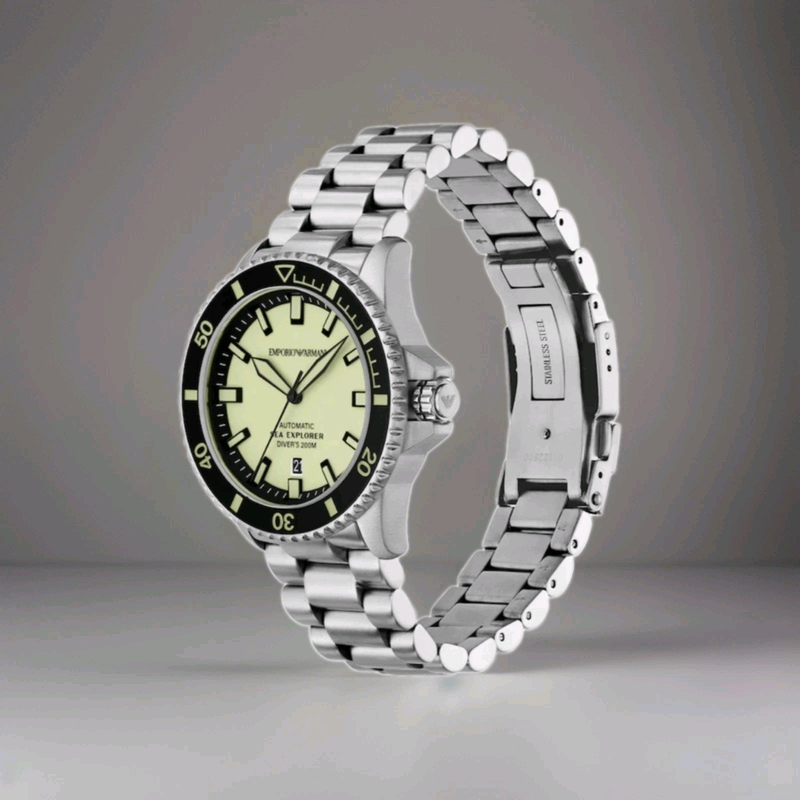 Emporio Armani AR60083 Mens Sea Explorer Automatic Watch Silver Wit Yellow Dial 