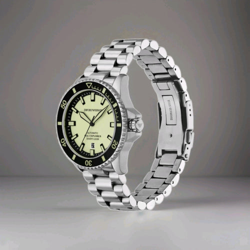 Emporio Armani AR60083 Mens Sea Explorer Automatic Watch Silver Wit Yellow Dial 