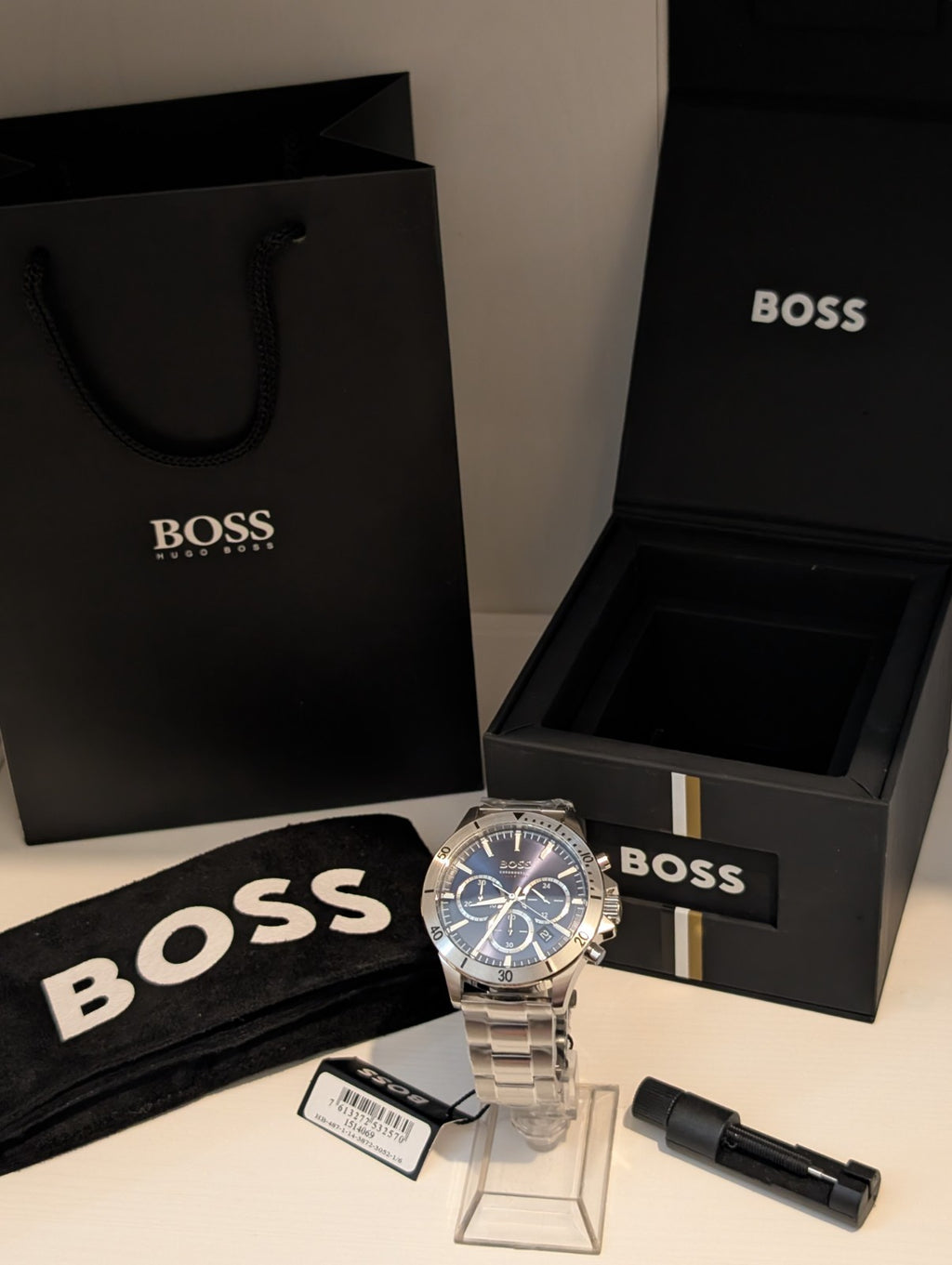 HUGO BOSS Troper 1514069 Blue Dial Silver Steel Strap Chrono Mens Watch 45mm NEW