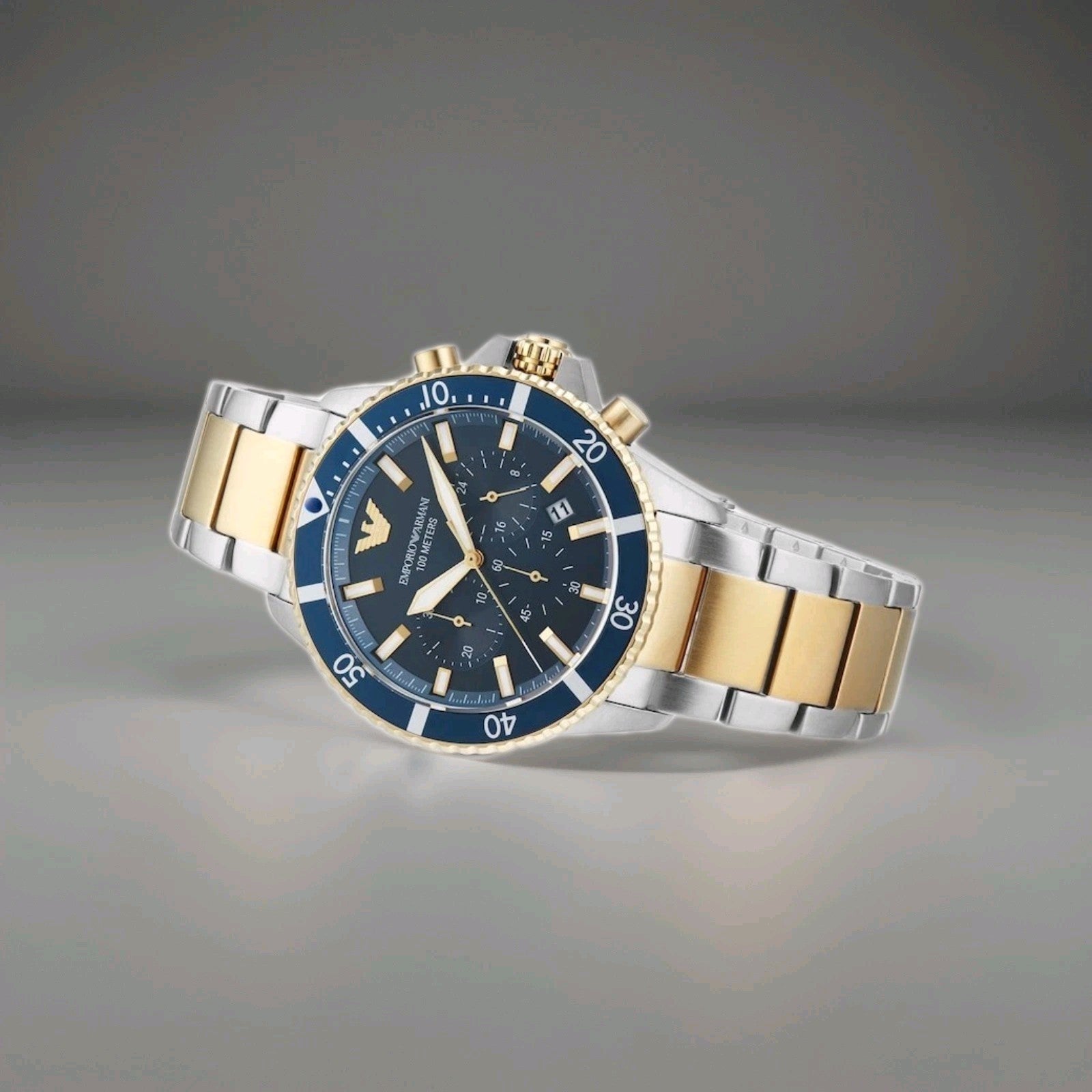 New EMPORIO ARMANI AR11362 Steel Blue Dial 2 Tone Bracelet Luxury Mens Watch