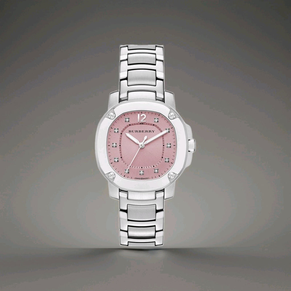 Burberry The Britain Diamonds Pink Dial Silver Strap Womens Watch. NEW. BBY1805