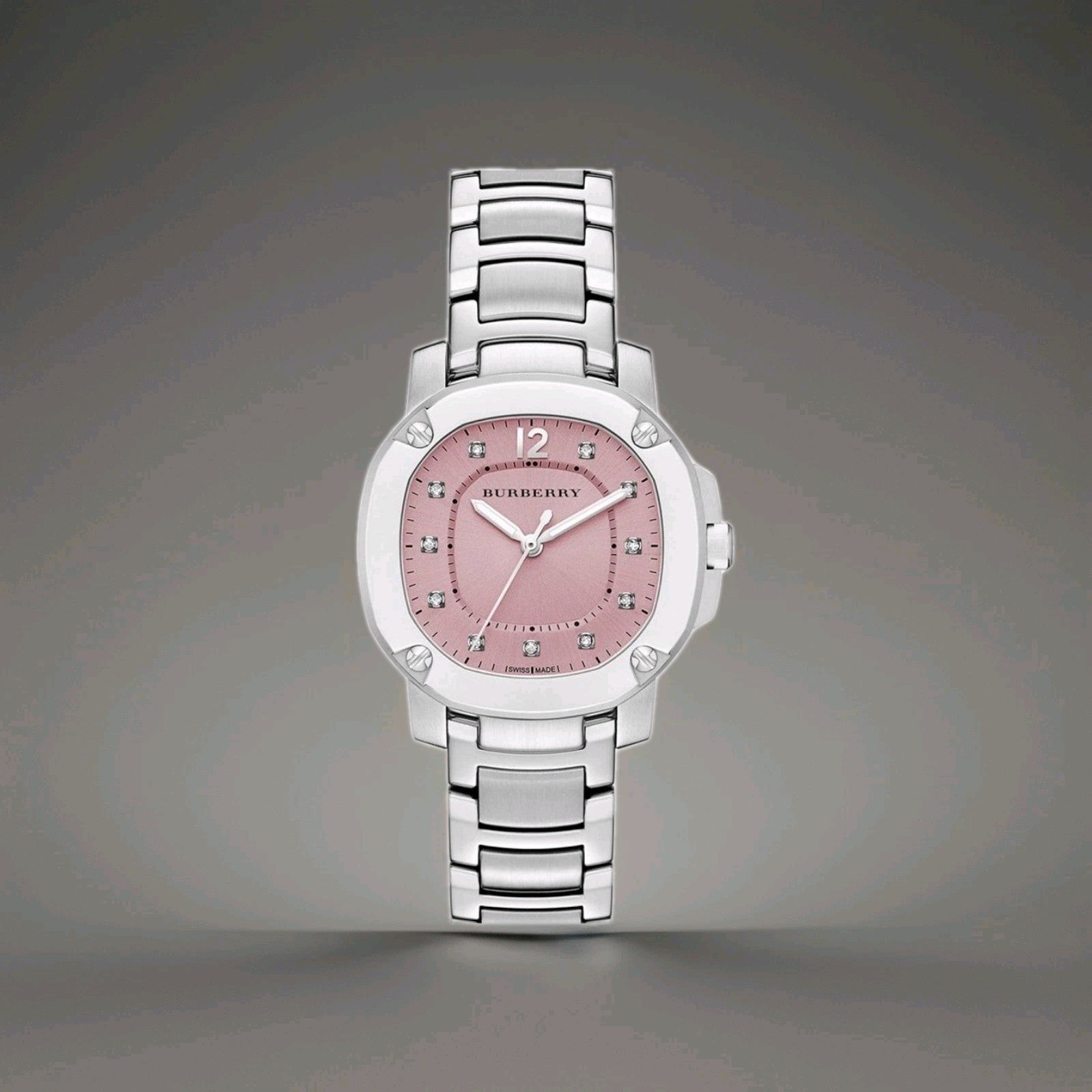 Burberry The Britain Diamonds Pink Dial Silver Strap Womens Watch. NEW. BBY1805