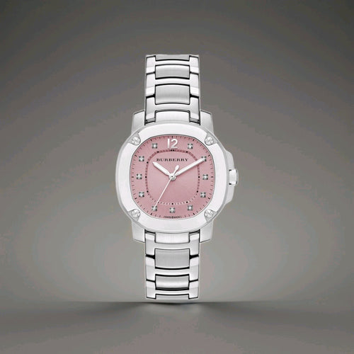 Burberry The Britain Diamonds Pink Dial Silver Strap Womens Watch. NEW. BBY1805