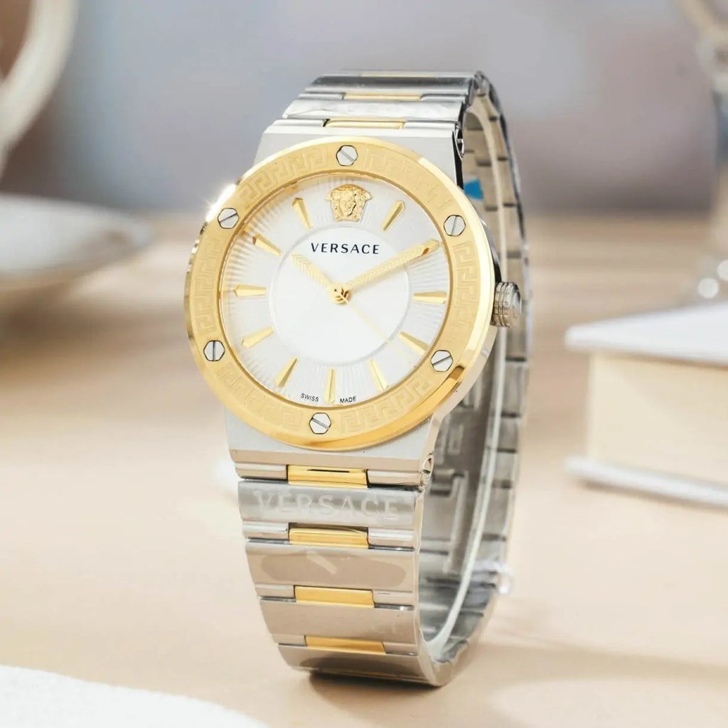 New Versace Greca Logo VEVH00620 Womens Quartz Watch Swiss made Two Tone 