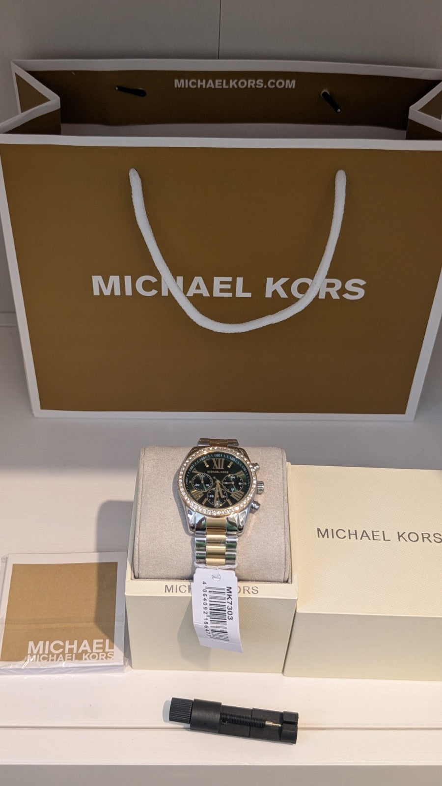 Michael Kors MK7303 Women’s Chronograph Two Tone Crystal Bezel Watch Green Face 