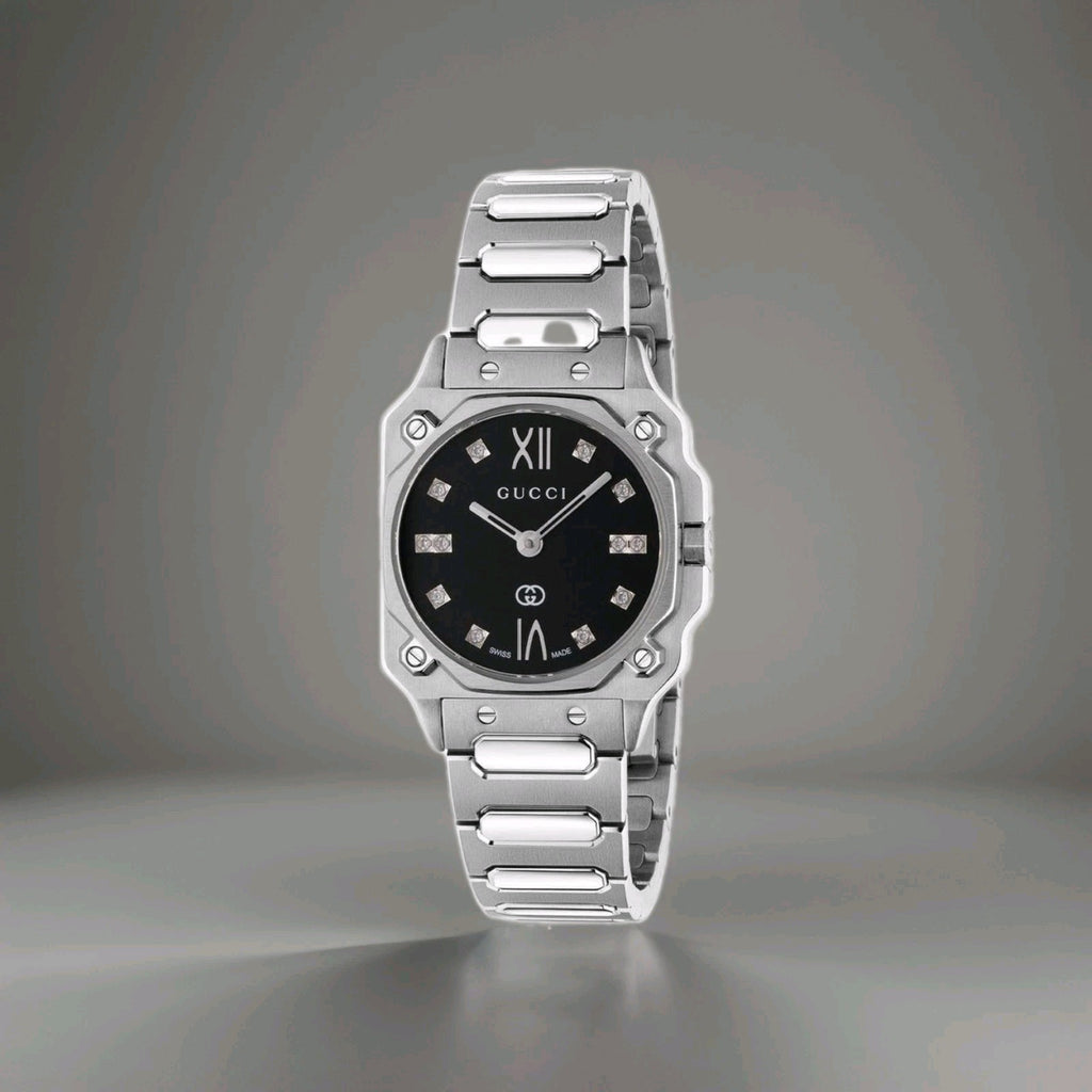 Gucci G-Flat 24mm Diamond Ladies Watch YA166508 , 24 mm Silver/Black Face. NEW
