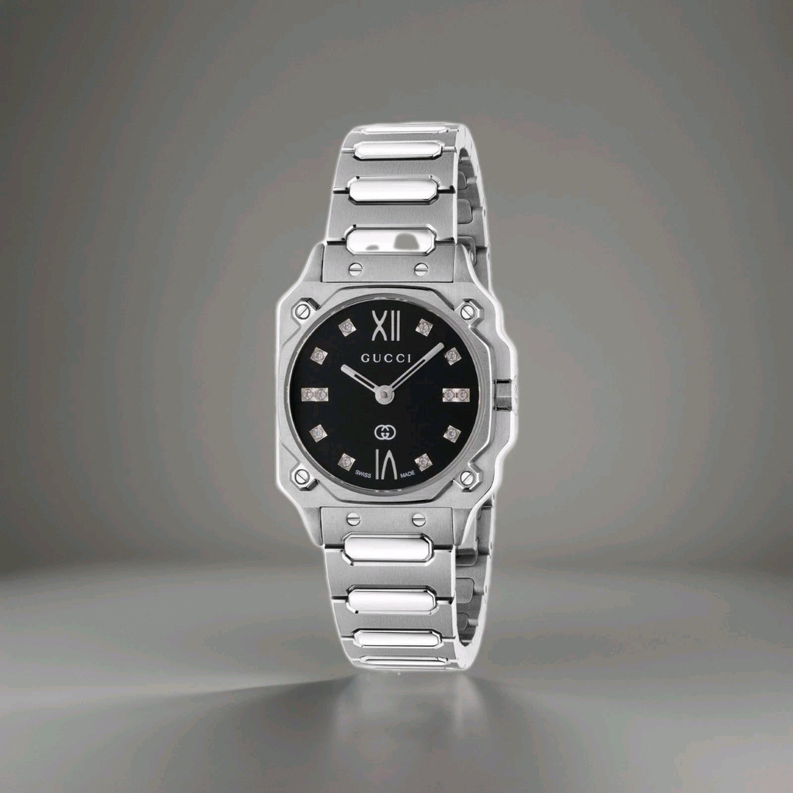Gucci G-Flat 24mm Diamond Ladies Watch YA166508 , 24 mm Silver/Black Face. NEW