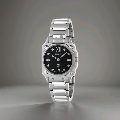 Gucci G-Flat 24mm Diamond Ladies Watch YA166508 , 24 mm Silver/Black Face. NEW