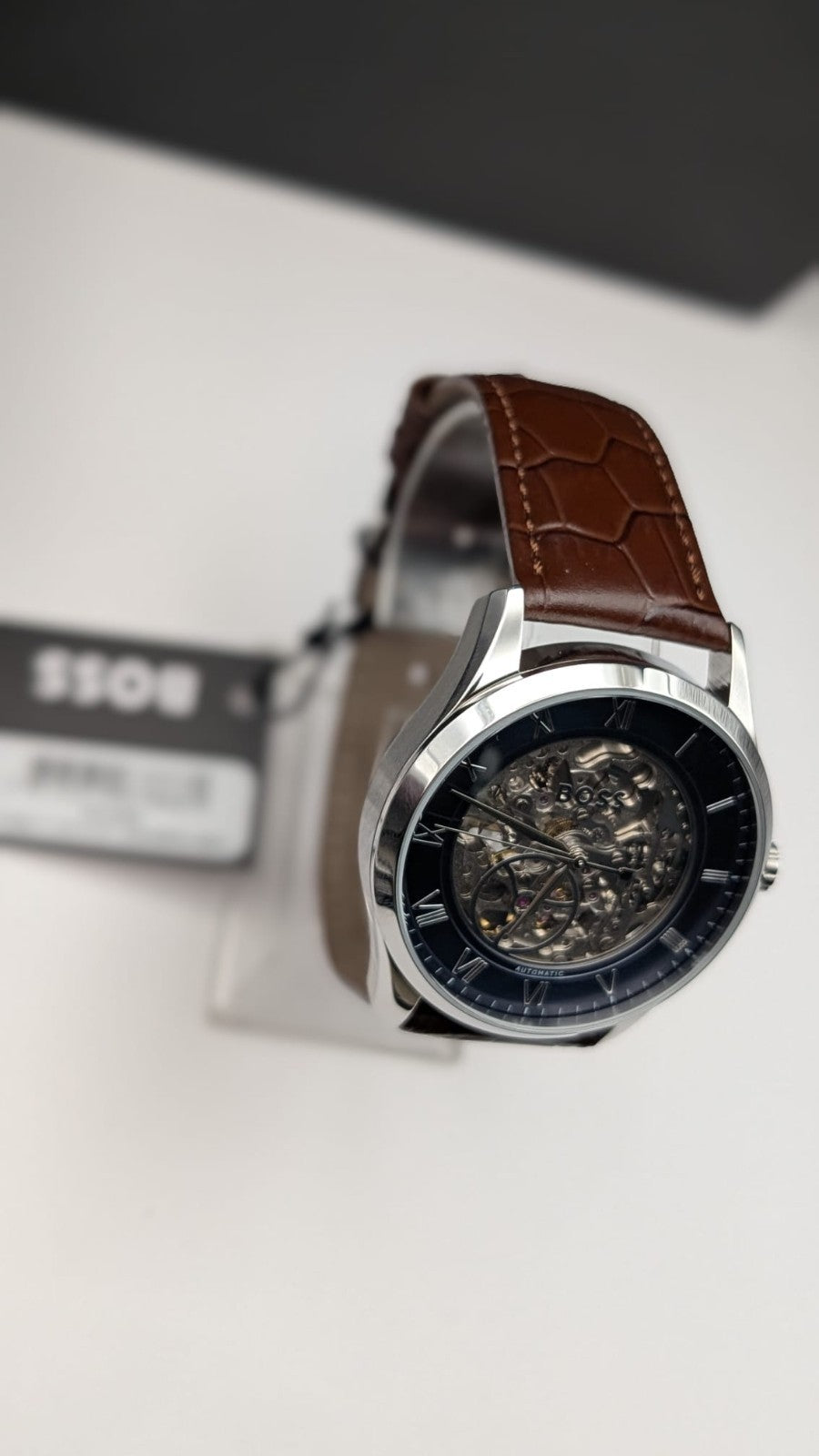 Hugo BOSS 1514305 Principle Mens Watch Automatic Skeleton Brown Leather Strap 