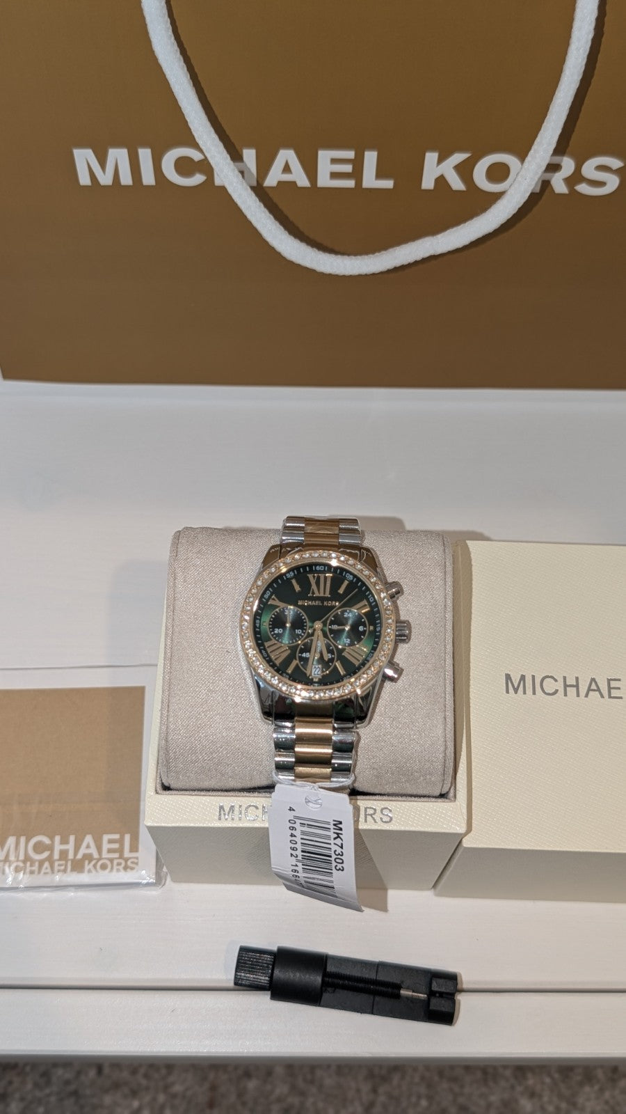 Michael Kors MK7303 Women’s Chronograph Two Tone Crystal Bezel Watch Green Face 