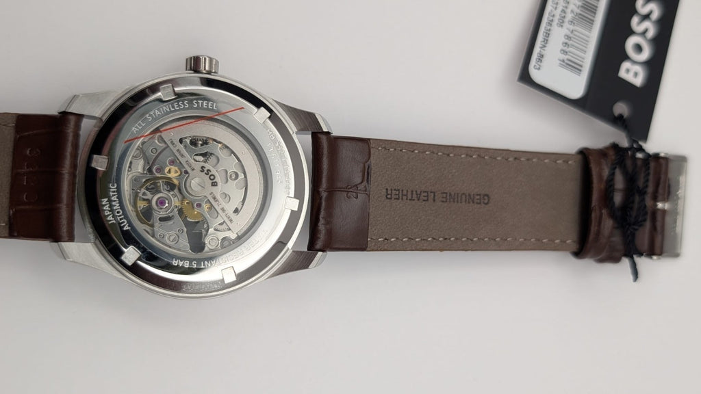 Hugo BOSS 1514305 Principle Mens Watch Automatic Skeleton Brown Leather Strap 