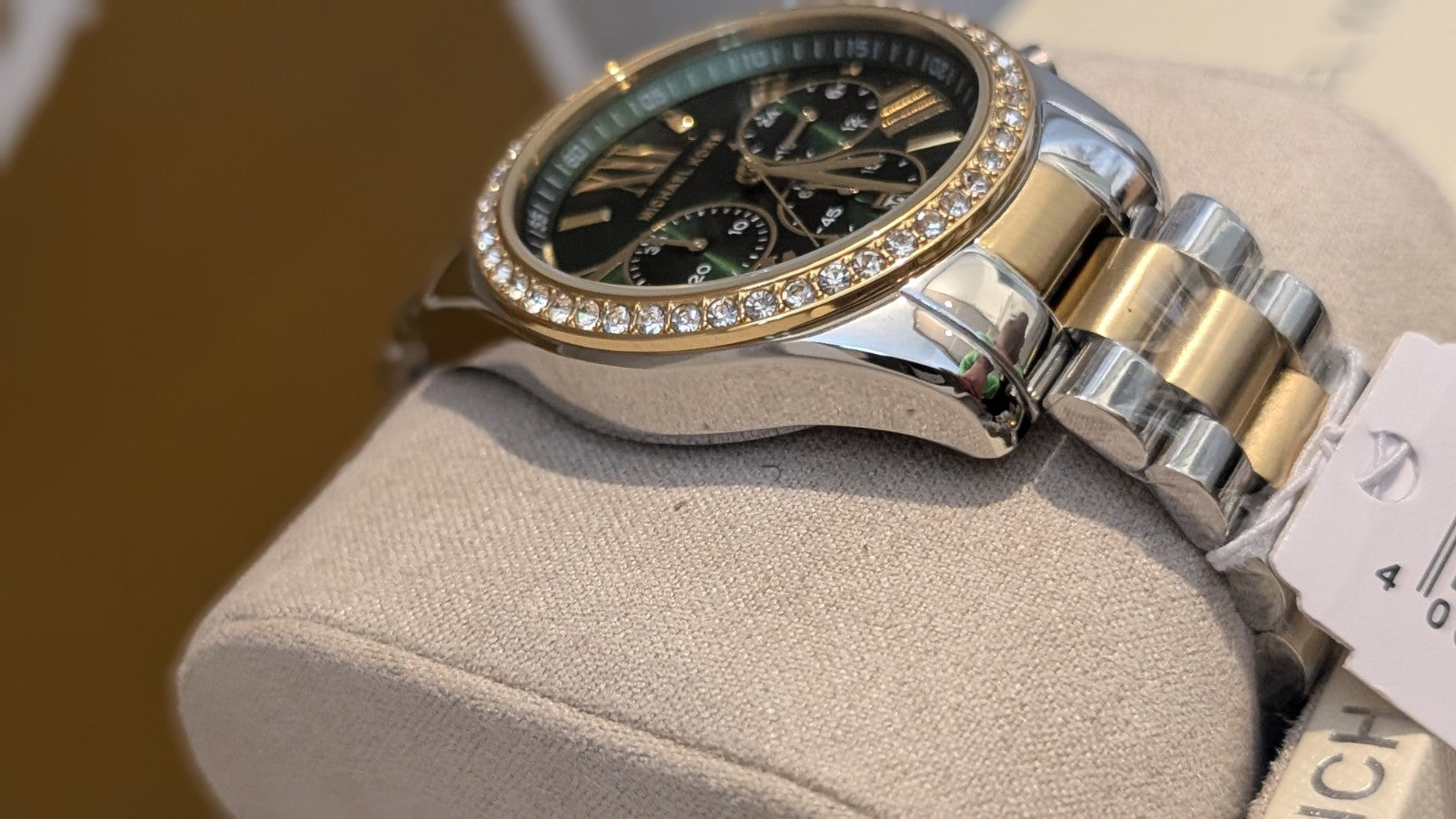 Michael Kors MK7303 Women’s Chronograph Two Tone Crystal Bezel Watch Green Face 