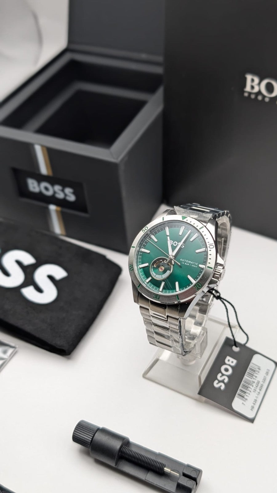 BOSS Troper 1514200 42mm Mens Watch Automatic S/Steel Silver With Green Dial 