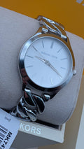 New Michael Kors Runaway Slim Watch In Silver With White Dial MK7474 38mm