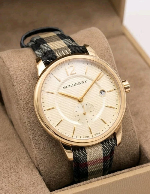 New BURBERRY BU10001 Classic Horseferry Check Luxury Gold Dial Mens Watch 40mm