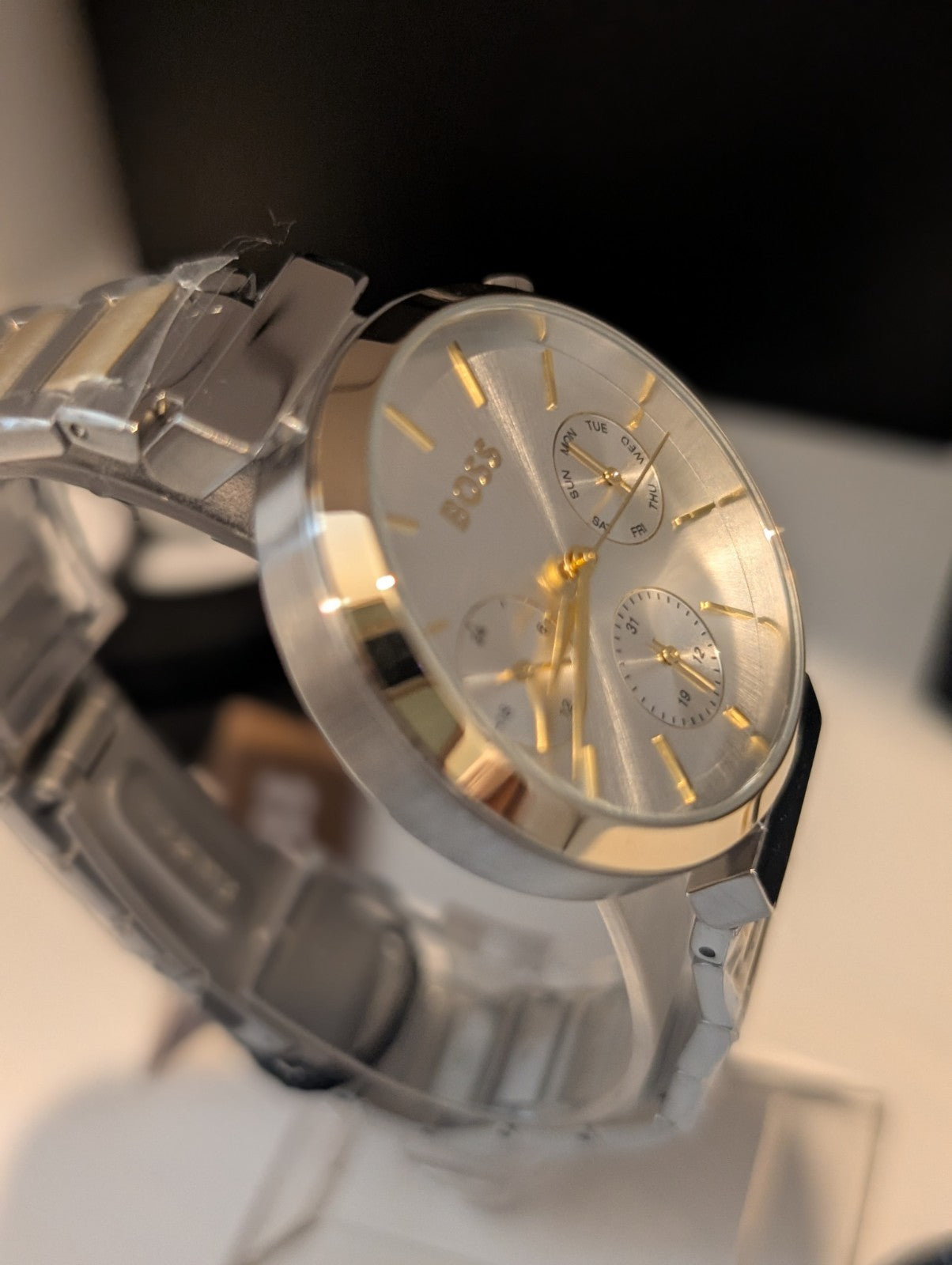 HUGO BOSS FLAWLESS 1502550 Silver & Gold Strap Chronograph Womens Watch 36mm NEW