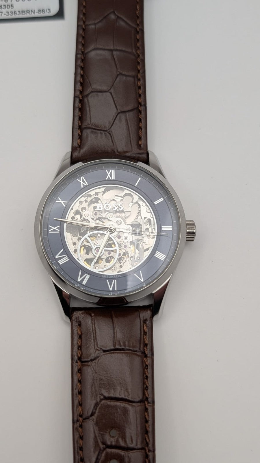 Hugo BOSS 1514305 Principle Mens Watch Automatic Skeleton Brown Leather Strap 