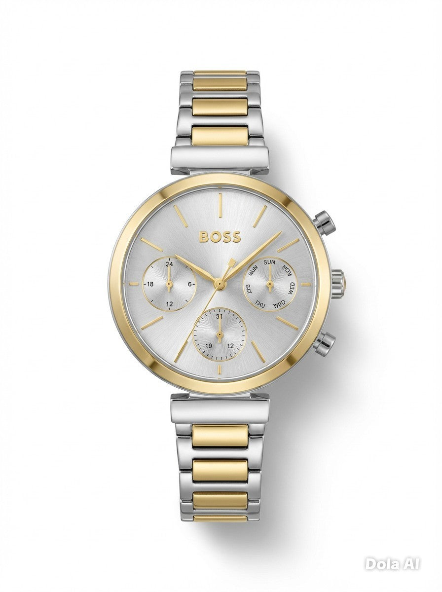 HUGO BOSS FLAWLESS 1502550 Silver & Gold Strap Chronograph Womens Watch 36mm NEW