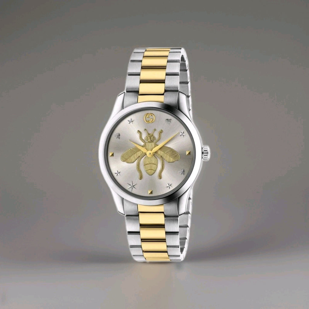 Gucci G-Timeless Bracelet Watch YA1264131 BEE. unisex 38mm Brand New Silver/Gold