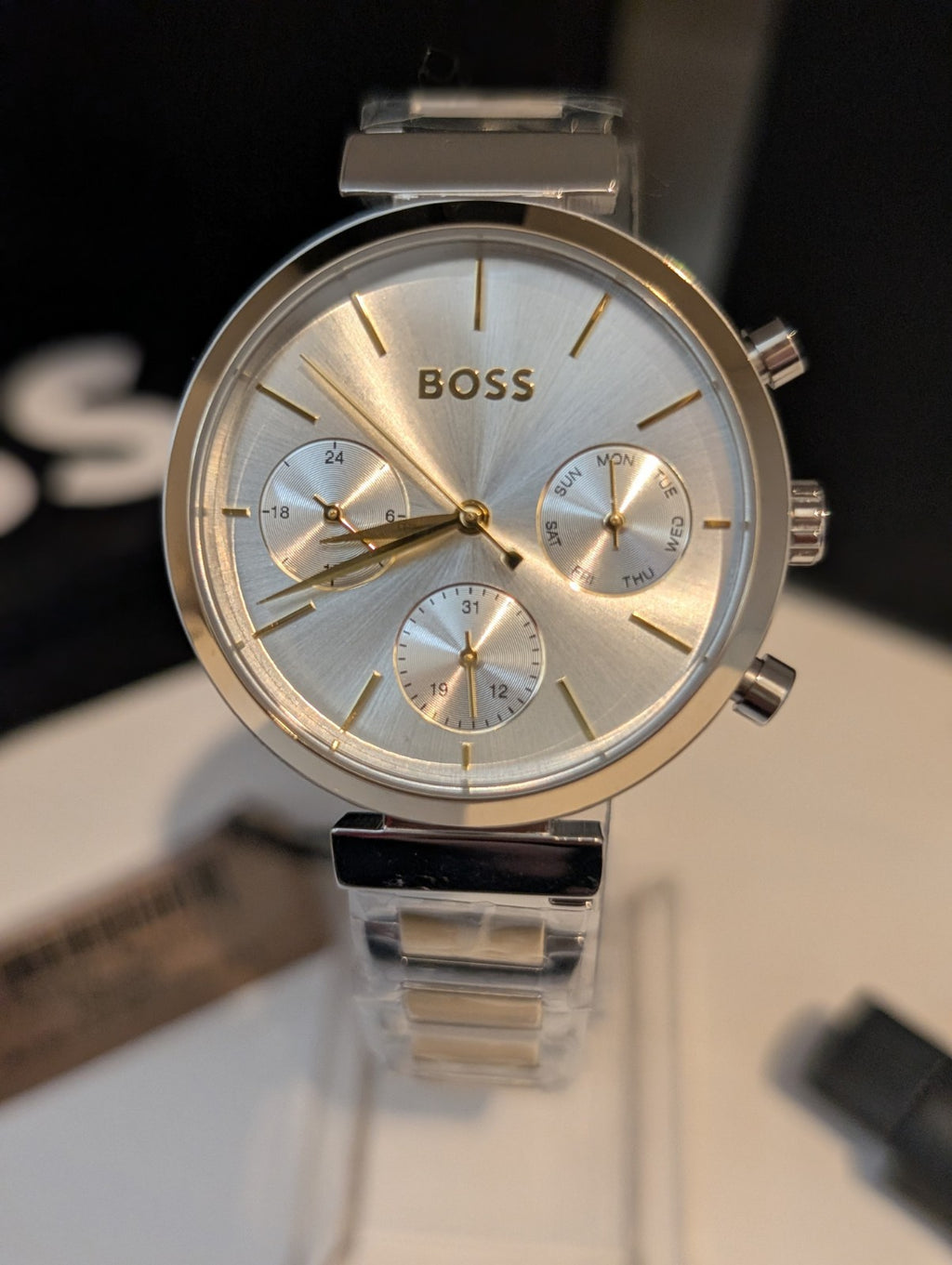 HUGO BOSS FLAWLESS 1502550 Silver & Gold Strap Chronograph Womens Watch 36mm NEW