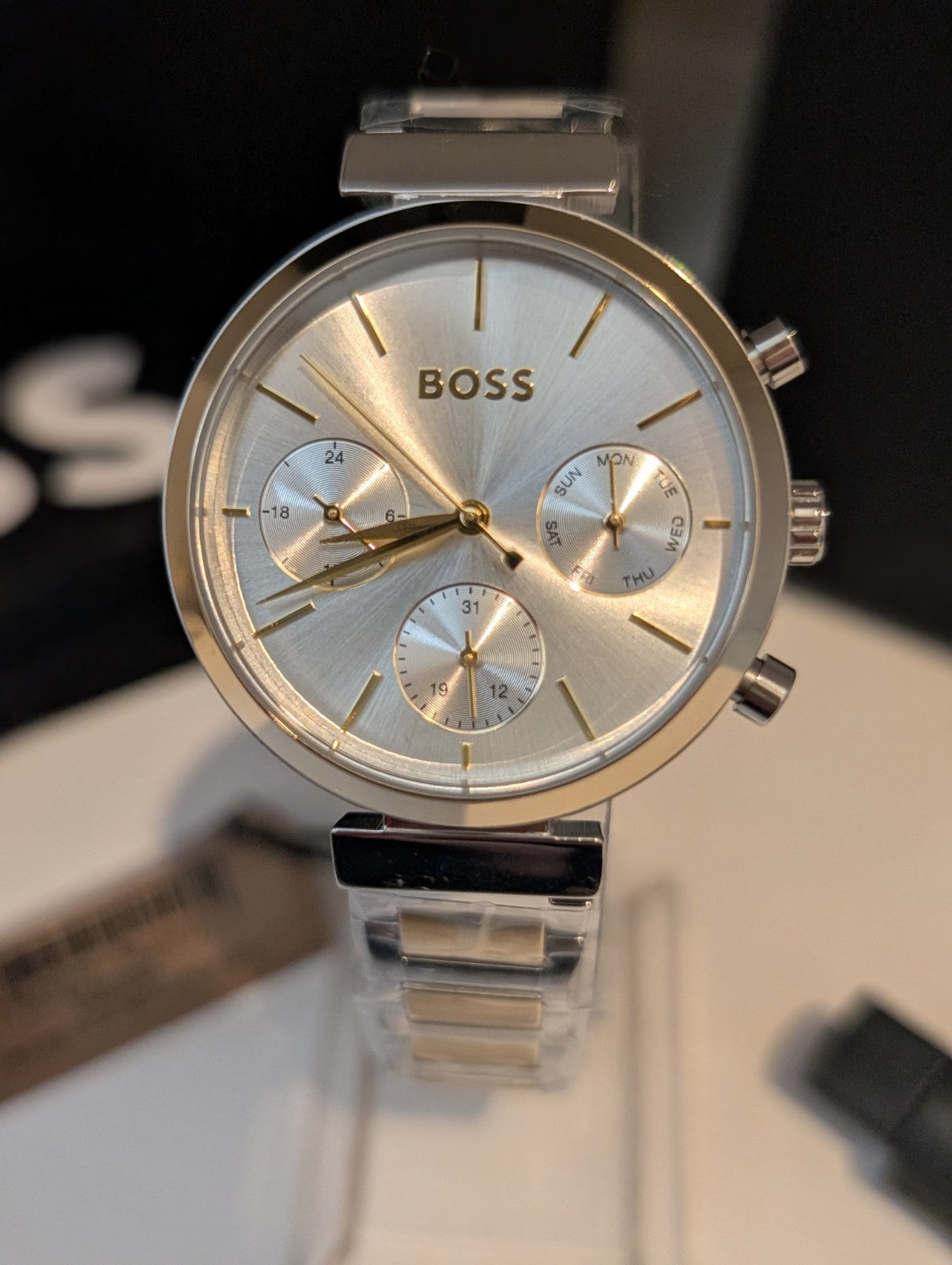 HUGO BOSS FLAWLESS 1502550 Silver & Gold Strap Chronograph Womens Watch 36mm NEW