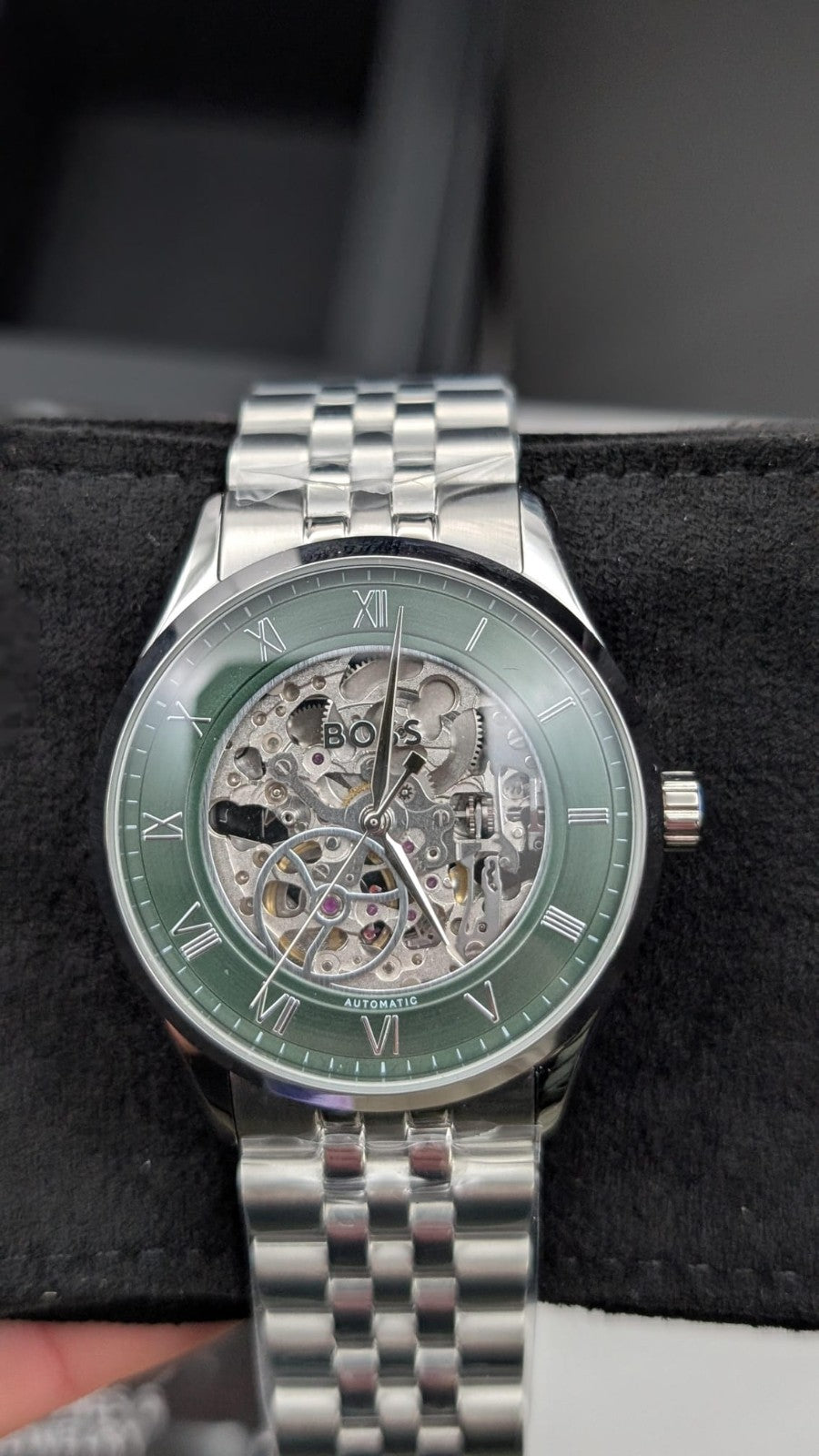 Hugo BOSS Principle 1514236 Skeleton Mens Watch Automatic 41mm Silver Green Dial