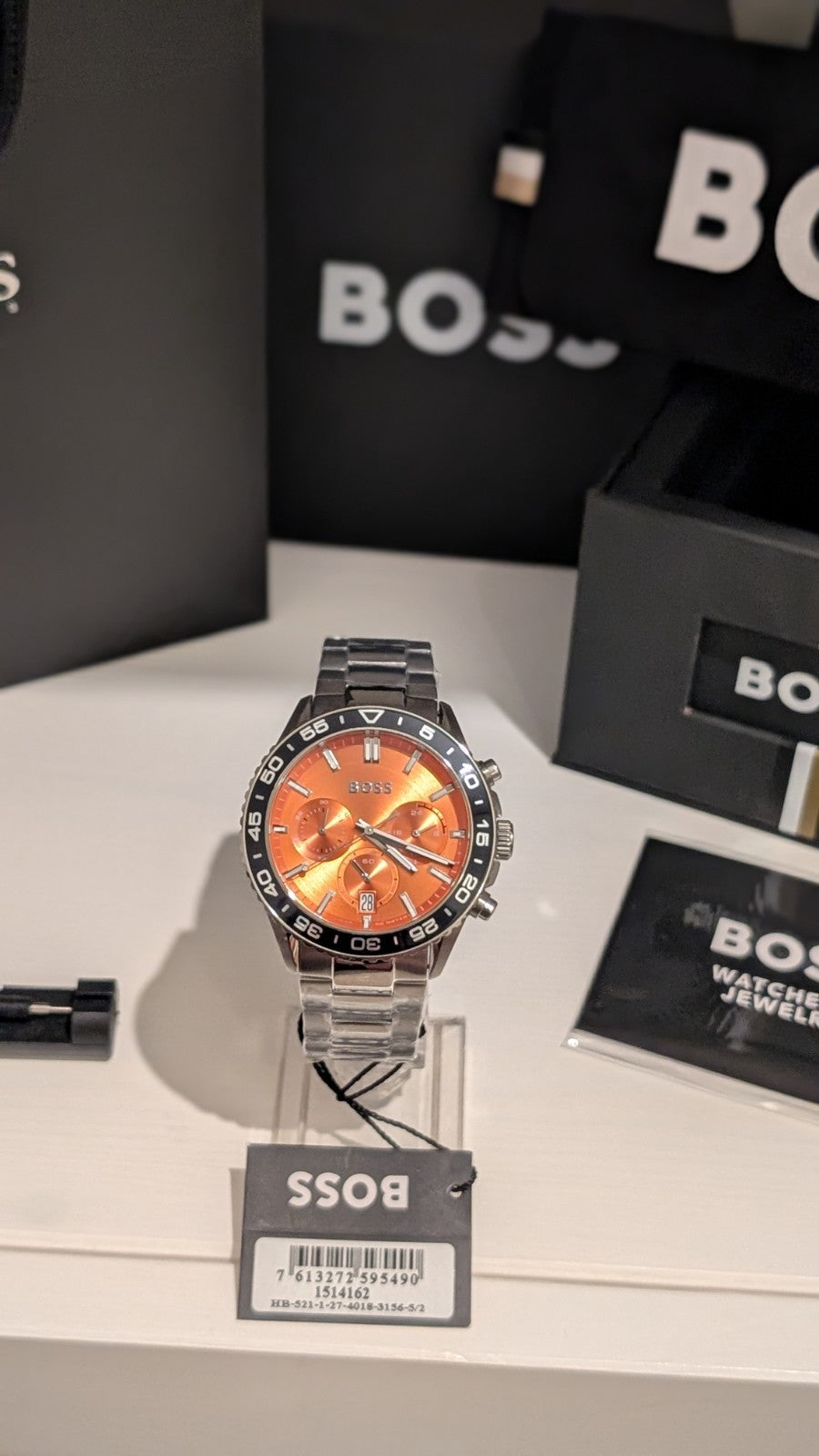 HUGO BOSS 1514162 MEN'S RUNNER SILVER WATCH - ORANGE FACE  STAINLESS STEEL. NEW