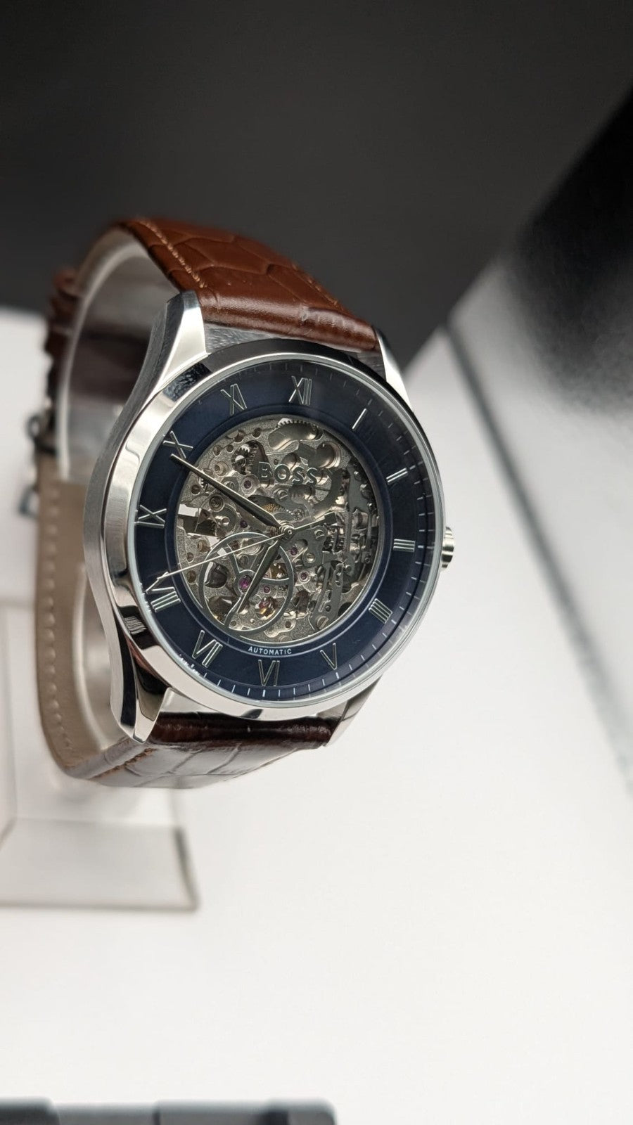 Hugo BOSS 1514305 Principle Mens Watch Automatic Skeleton Brown Leather Strap 