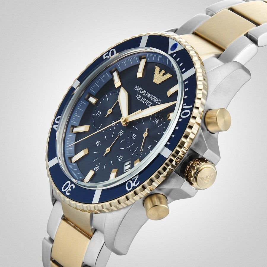 New EMPORIO ARMANI AR11362 Steel Blue Dial 2 Tone Bracelet Luxury Mens Watch