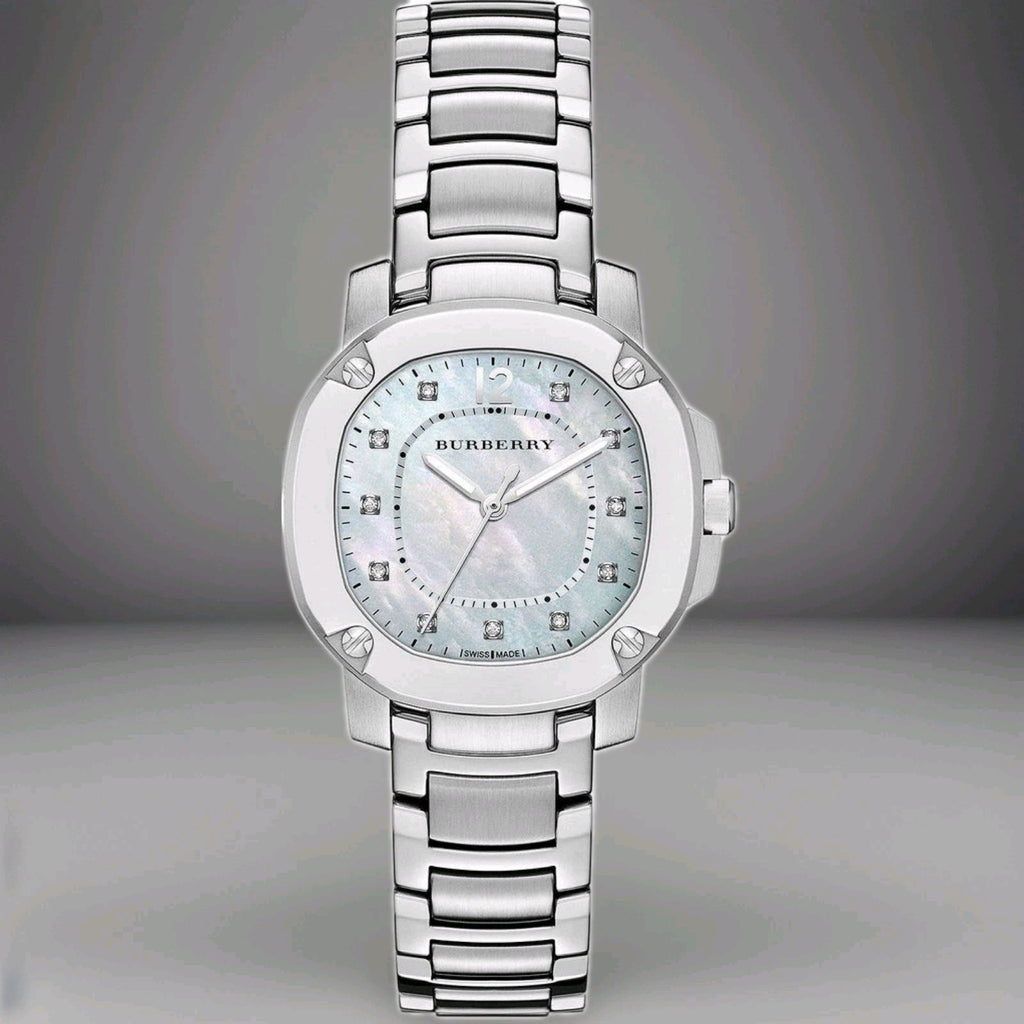 Burberry The Britain Diamonds Mother Of Pearl Silver Strap Womens Watch. BBY1804