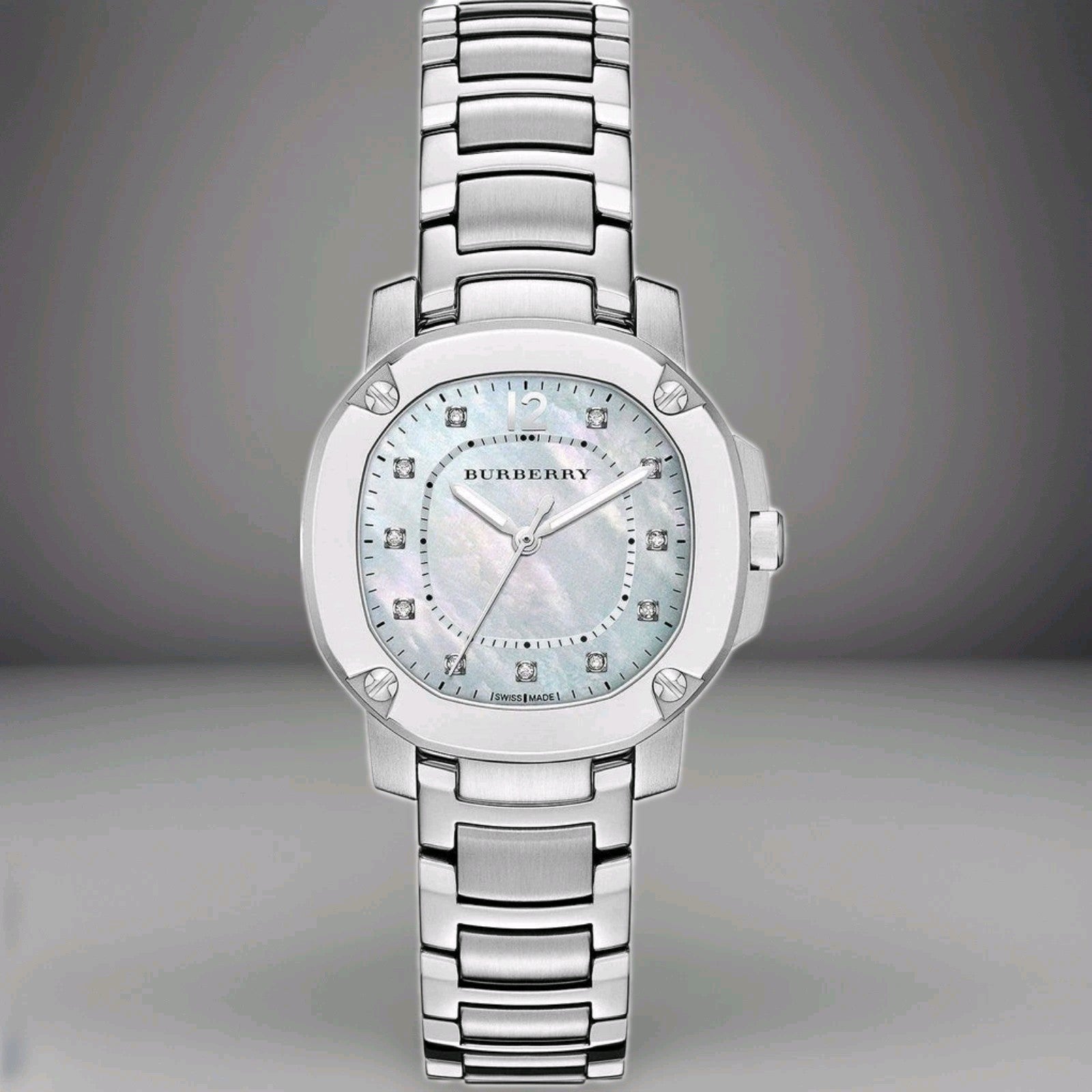 Burberry The Britain Diamonds Mother Of Pearl Silver Strap Womens Watch. BBY1804