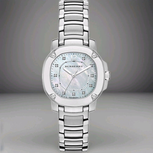 Burberry The Britain Diamonds Mother Of Pearl Silver Strap Womens Watch. BBY1804